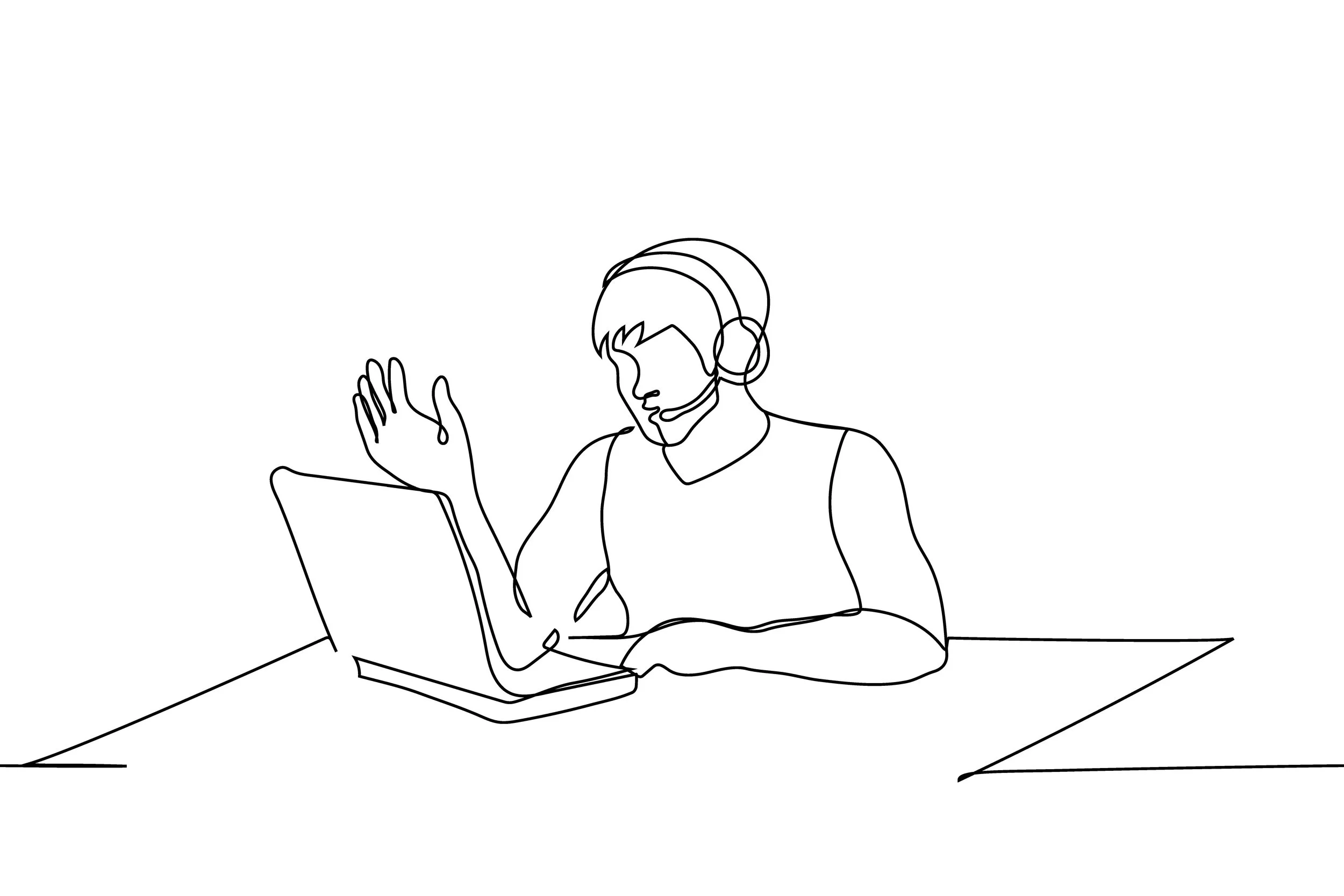 Line drawing of a person sitting at a table using a laptop, wearing headphones, with one hand raised and the other on the laptop.