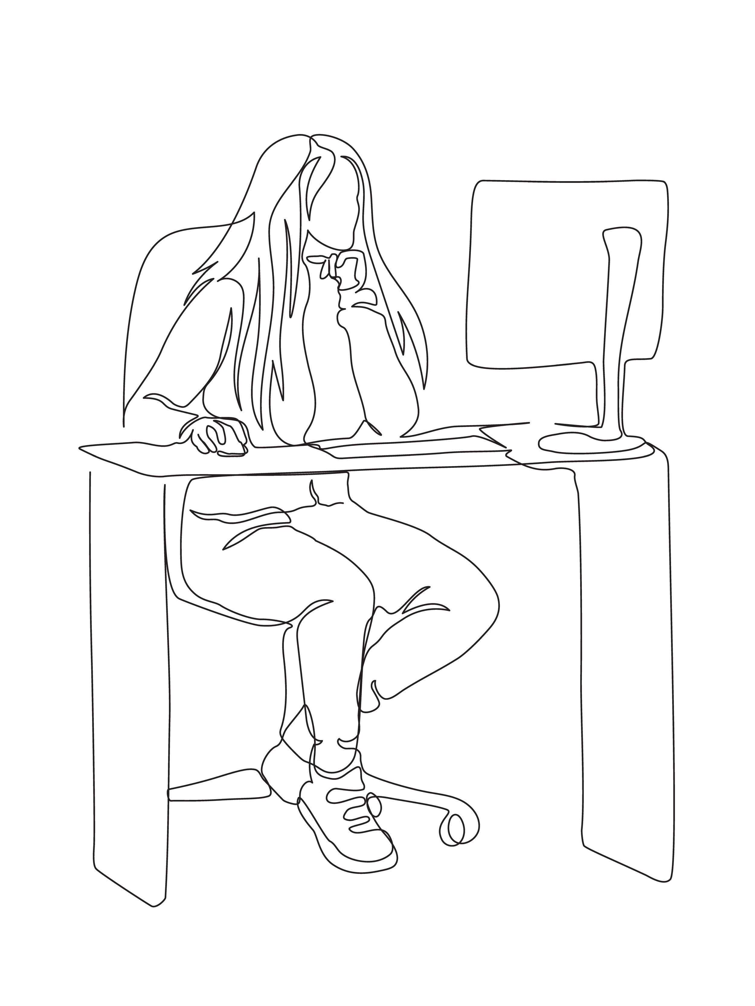 Line drawing of a woman sitting at a desk, with a computer monitor in front of her, and a privacy shield on both sides of her in a virtual office setting.