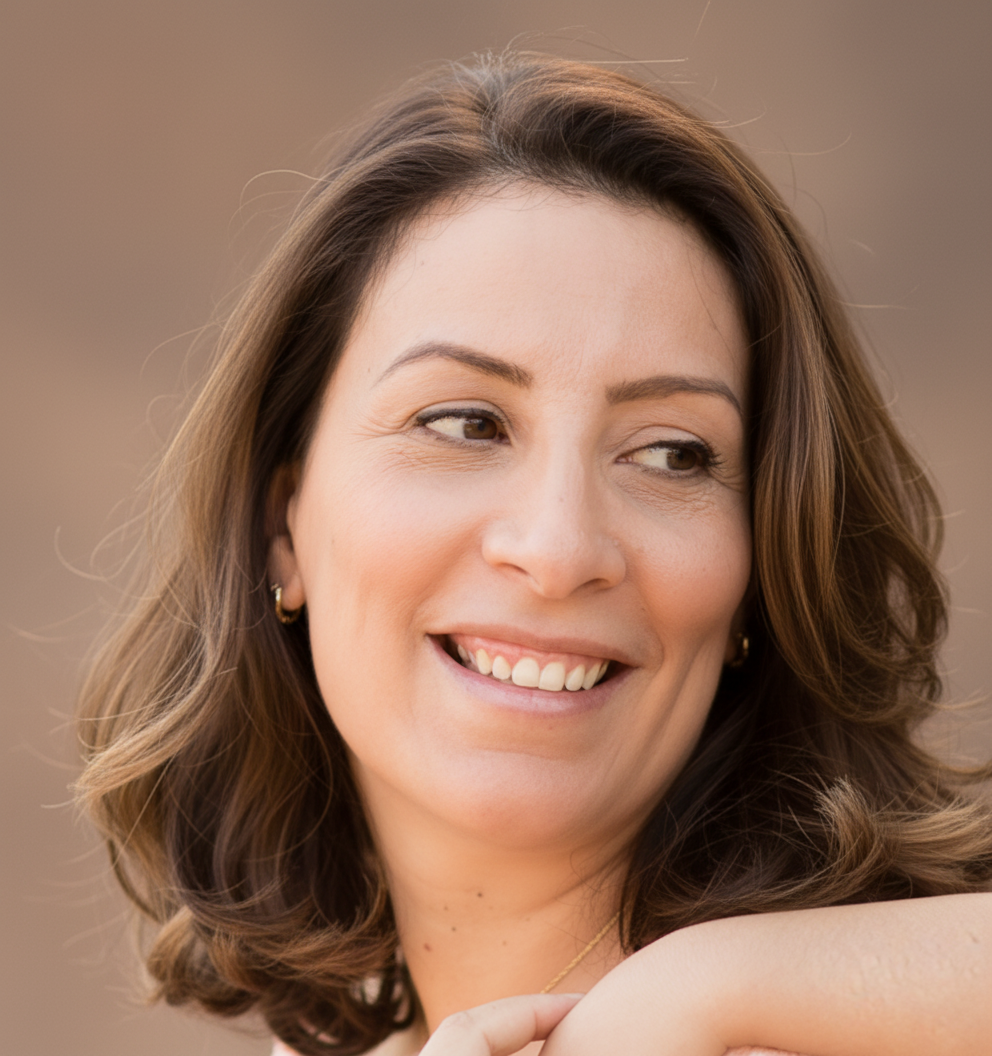 Une femme souriante avec des cheveux bruns bouclés, portant des boucles d'oreilles en or et un collier, regarde légèrement sur le côté.