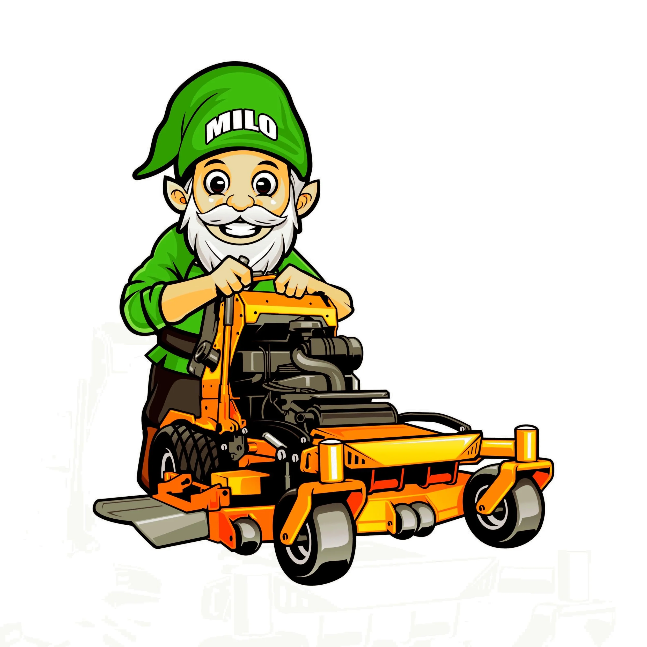 Cartoon of a leprechaun with a green hat and shirt, using a power saw to cut wood.