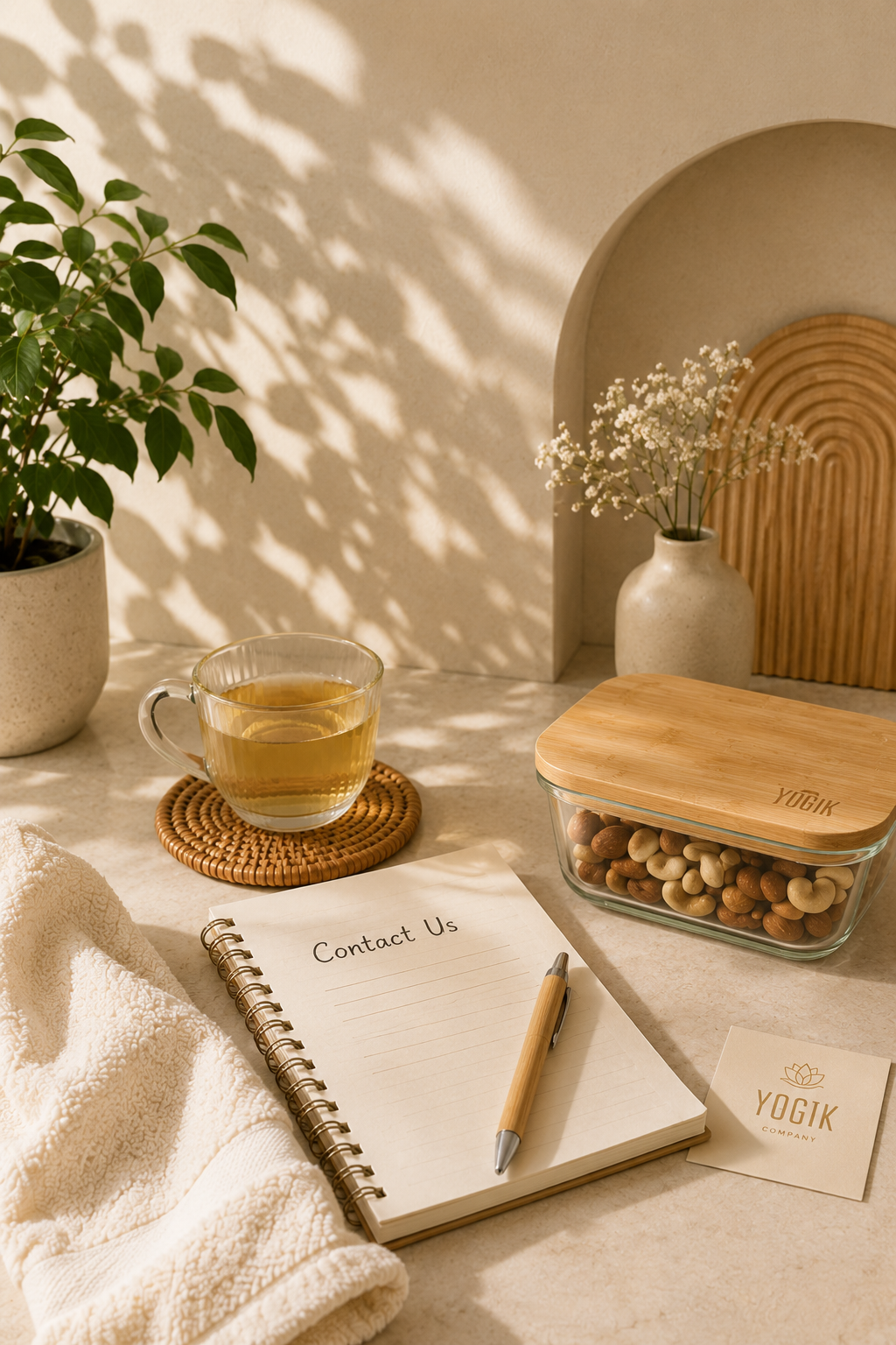 A cozy workspace with a cup of tea on a woven coaster, a notebook labeled 'Contact Us' with a pen, a container of mixed nuts with a wooden lid, a potted plant, and a vase with white flowers, all illuminated by natural sunlight casting shadows.