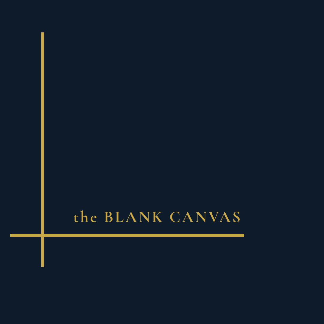Cover with dark background, gold lines, and text 'the BLANK CANVAS'