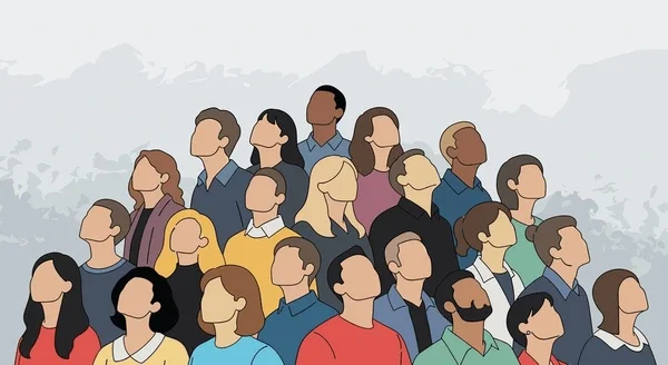 Illustration of diverse group of people of various ethnicities and styles standing together.