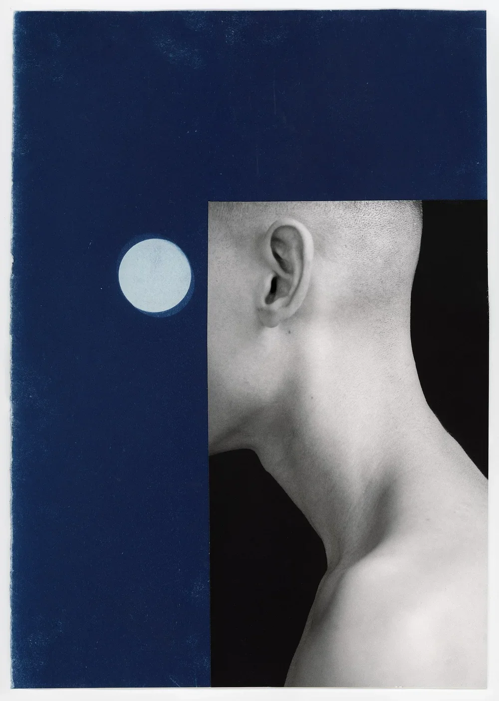 "CYANOTYPE GAZE STUDY", 46,5x33,5 cm, original artwork (1/1), mixed media cyanotype and cotton paper print, 2024, 8000 DKK
