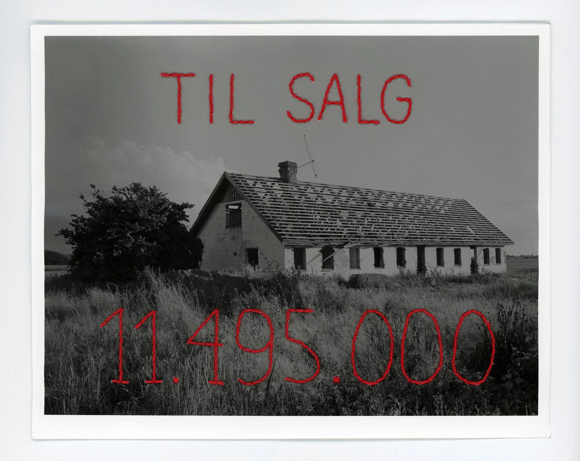 "TIL SALG". 30x24 cm, original artwork (1/1), mixed media, gelatin silver print & embroidery, 2024, 3000 DKK