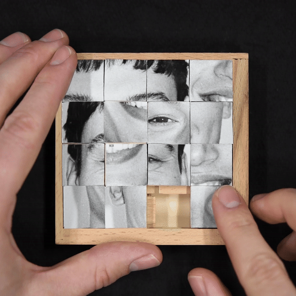 "PUZZLE PORTRAIT", 15x15 cm, original artwork (1/1), mixed media push puzzle and gelatin silver print, 2023, 3000 DKK