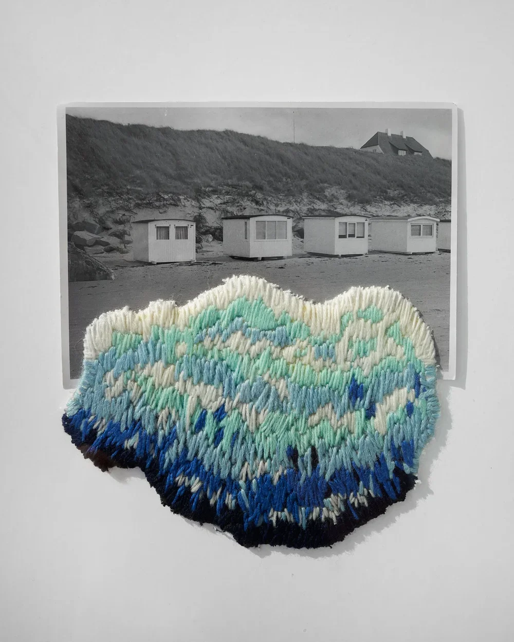 "WHITE BEACH HUTS, LØKKEN", 17,5 x 20 cm, original artwork (1/1), mixed media gelatin silver print & embroidery, 2024, 8000 DKK