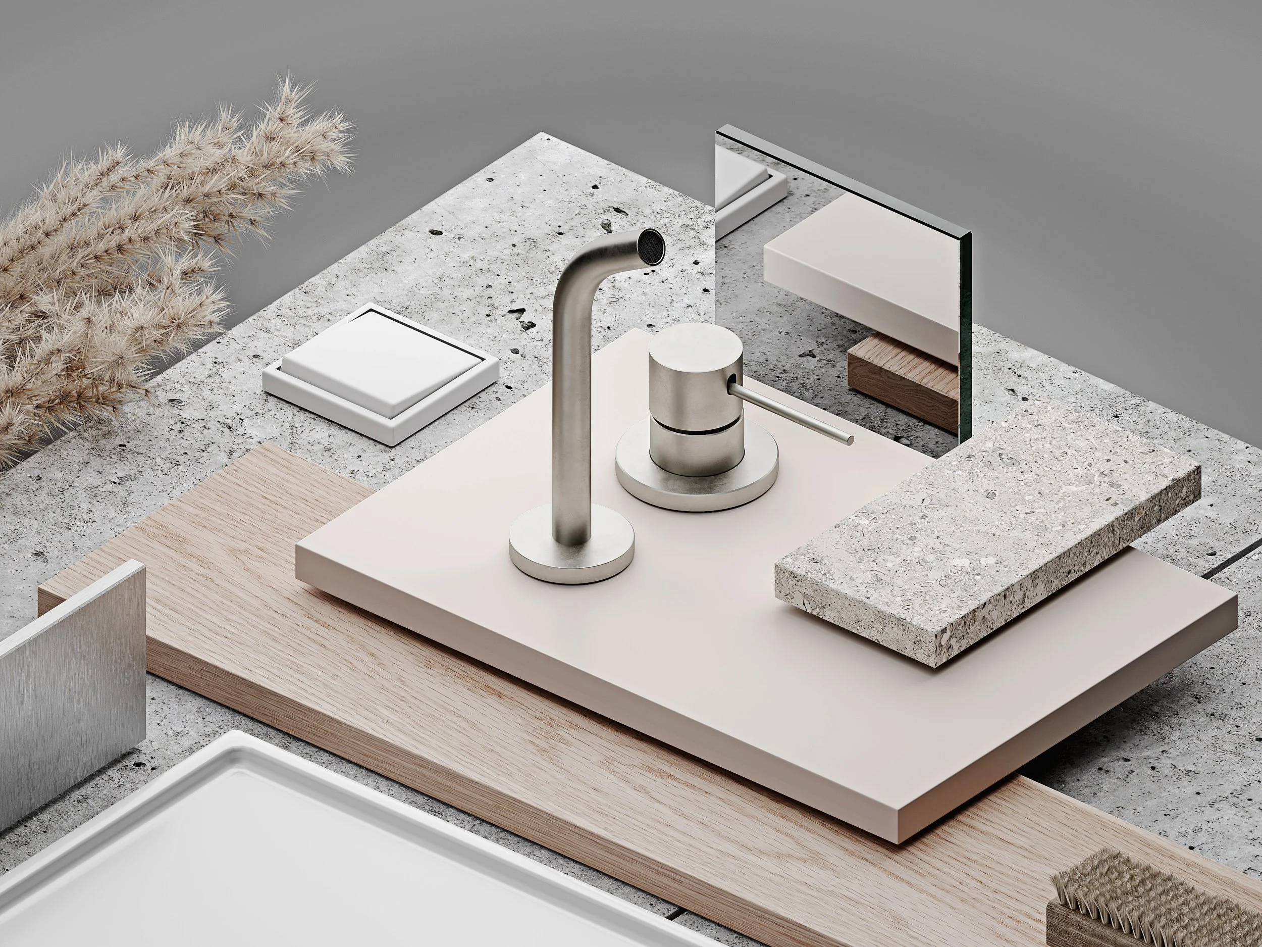Verschiedene Oberflächenmaterialien für Design und Inneneinrichtung, einschließlich Marmor, Holz, Glas und Keramik, mit Wasserhahn, dekorativen Zweigen und Spiegelscheiben.