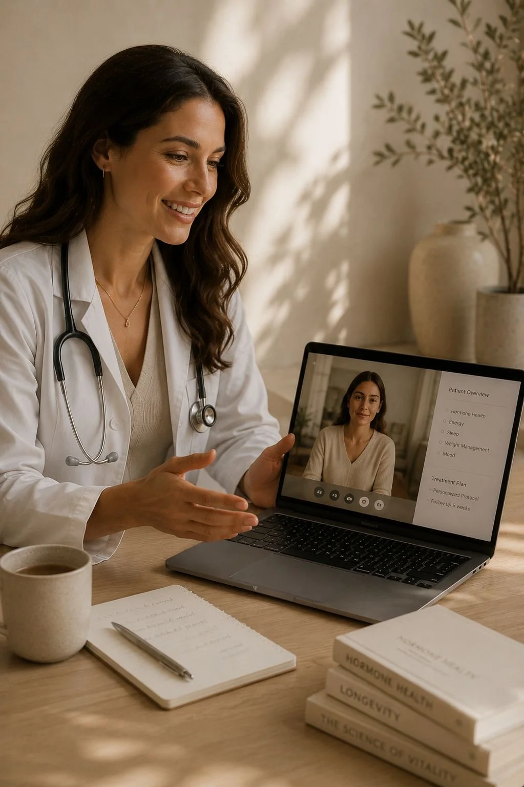 A female doctor having a virtual consultation with a woman on a laptop, sitting at a desk with a cup of coffee, a notebook, and books about health topics.