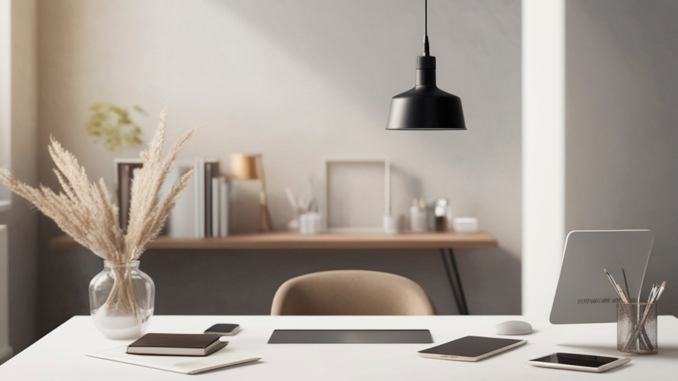 Minimalist home office with a white desk, beige chair, black pendant light, and decorative dried grass in a glass vase.