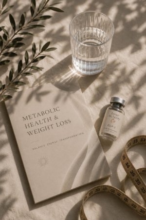 A glass of water, a bottle of supplement labeled 'L-Arginine, 600 mg,' a book titled 'Metabolic Health & Weight Loss,' a yellow measuring tape, and a white cloth on a light-colored surface with shadowed leaves.
