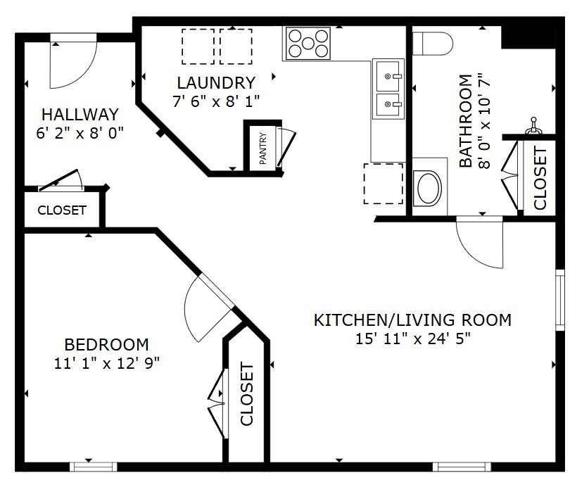 3D floor plan of an apartment with two bedrooms, one bathroom, an open kitchen and living area, and a laundry closet.