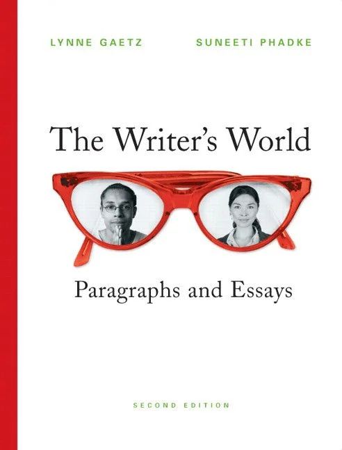 Book cover for "The Writer's World," featuring the two editors in the frames of a pair of red glasses