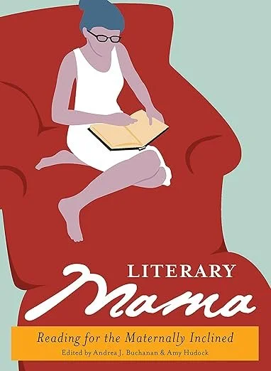 Book cover for Literary Mama, featuring a graphic of a woman sitting in a red armchair reading a book