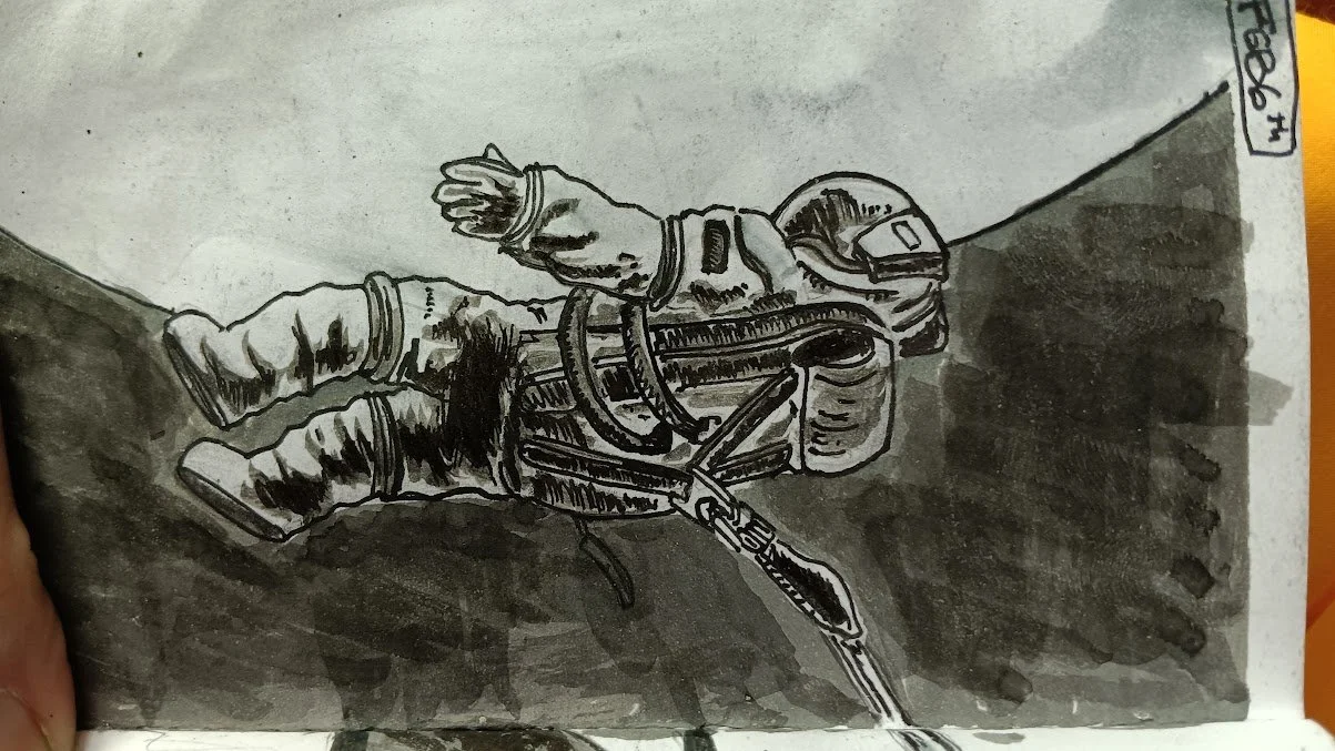 Drawing of an astronaut in space gear floating in space.