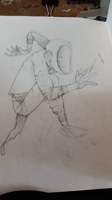 Nihilism, A pencil sketch of a humanoid figure with a rounded head and elongated limbs, in a crouching or running pose, with exaggerated fingers and a hat or head covering. 