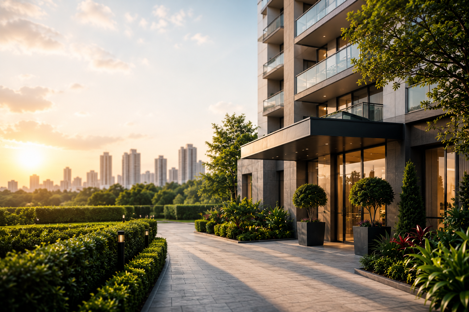 Entrada de um edifício residencial modernocon jardins bem cuidados ao redor, durante o pôr do sol, com vista de prédios no horizonte.