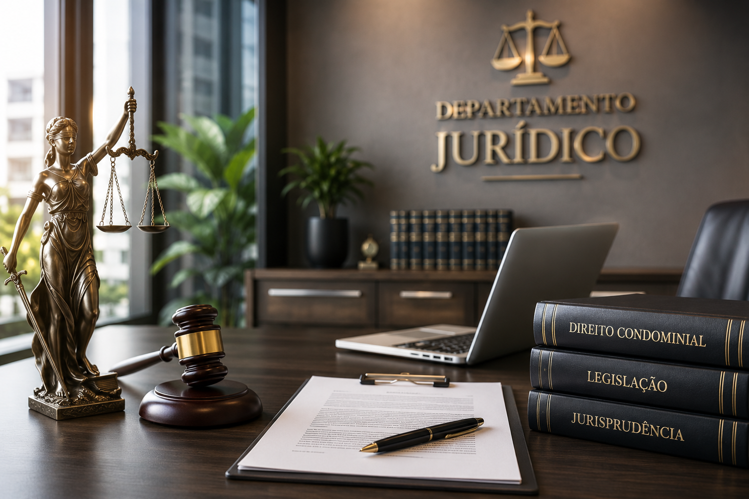 Imagem de um escritório de advocacia com uma estátua de justiça, livros jurídicos, mesa com documentos, computador portátil e gavel. No fundo, uma parede com a inscrição 'Departamento Jurídico' e uma balança de justiça.