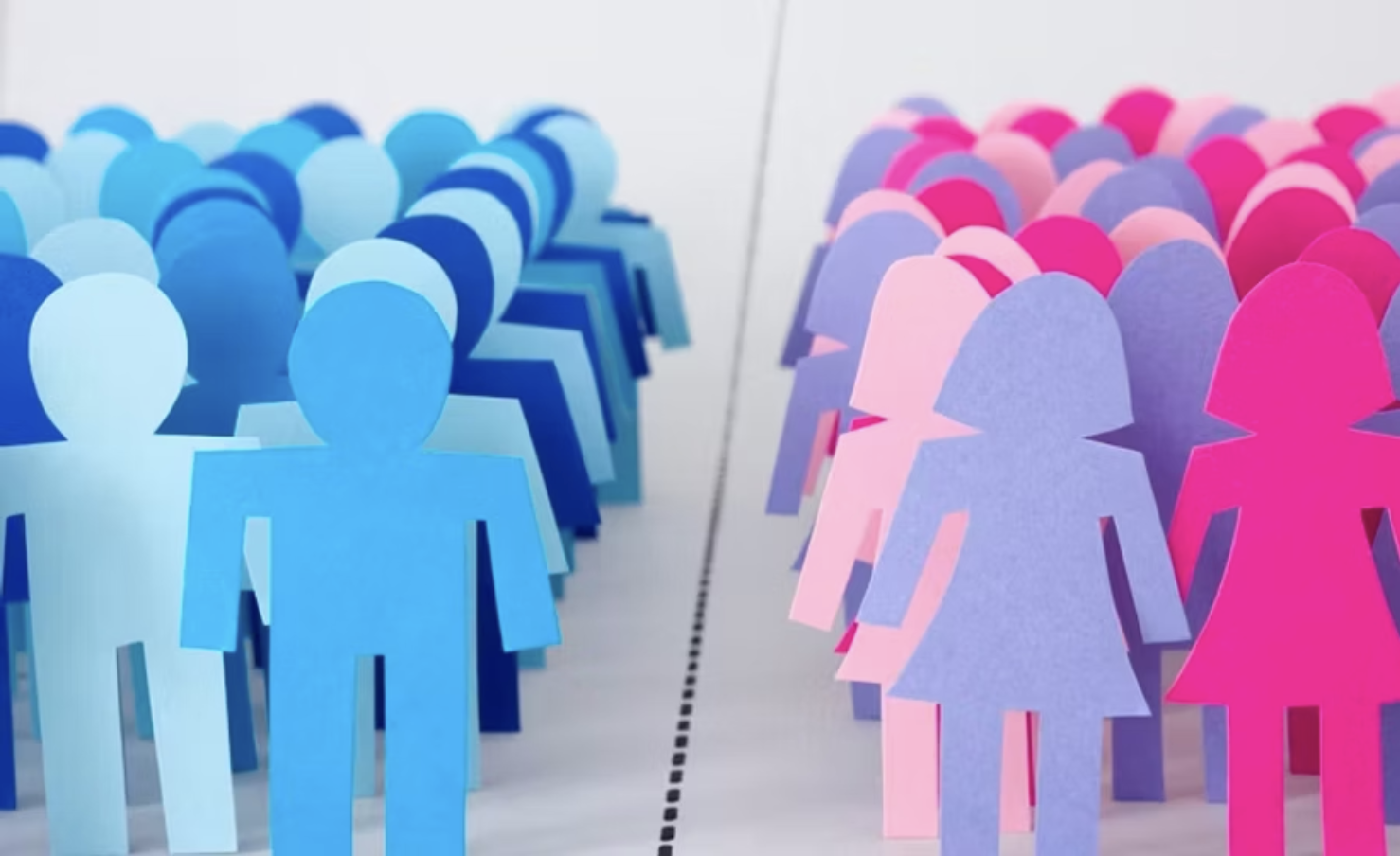 Rows of paper cutout figures in blue on the left and pink and purple on the right, separated by a dotted line.
