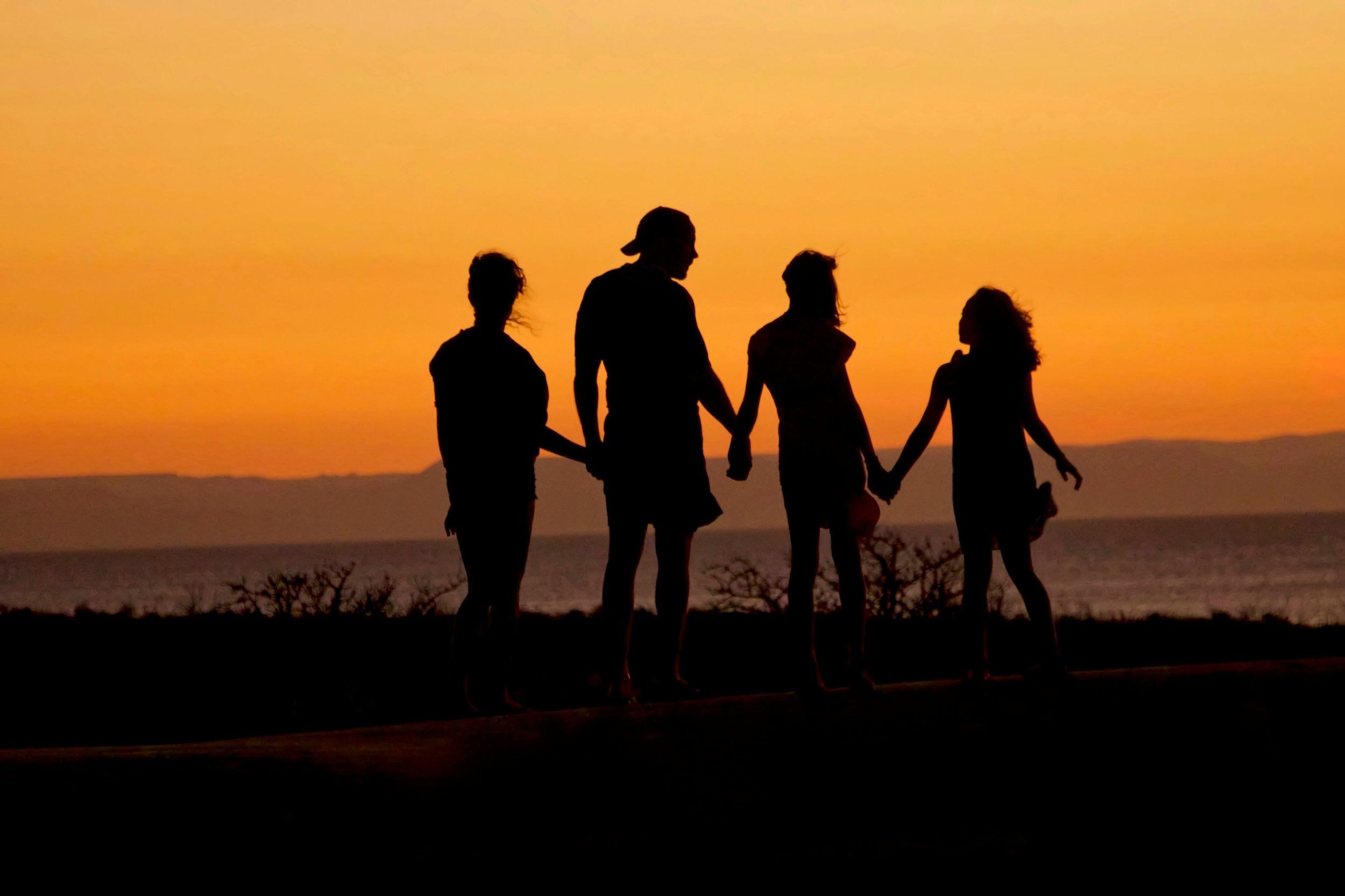 Silhouettes of four people holding hands walking along the beach at sunset with an orange sky.