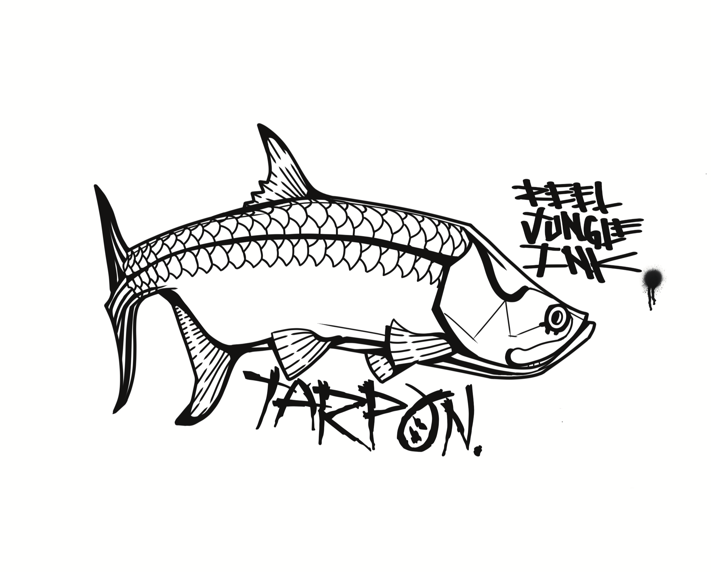 Black and white sketch of a fish with stylized text that says 'FISH TANGLED IN ART'.