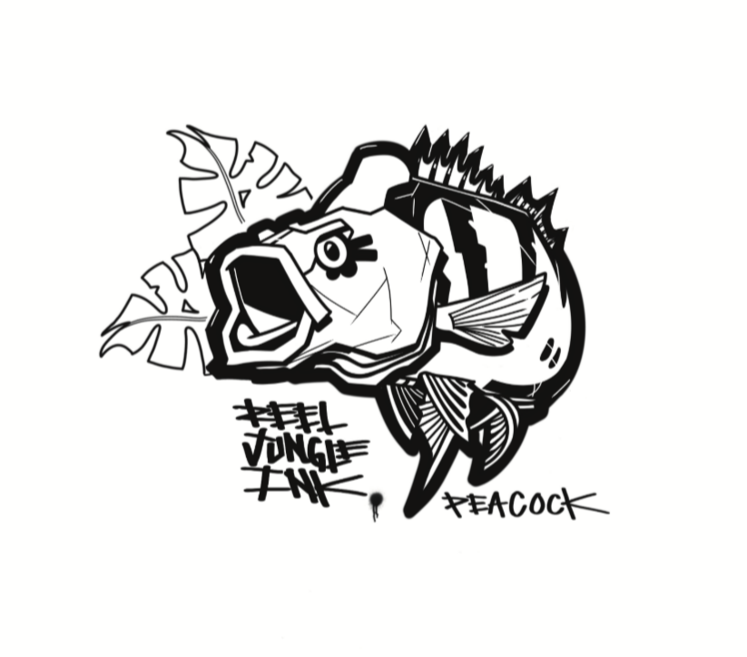 Black and white stylized drawing of a fish with some leaf details and graffiti-style text nearby that says '#REEL JUNGLE INK' and 'PEACOCK'.