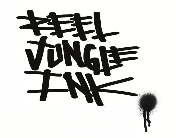 Graffiti-style text that says REEL JUNGLE INK' with a black spray paint splatter in the lower right corner.