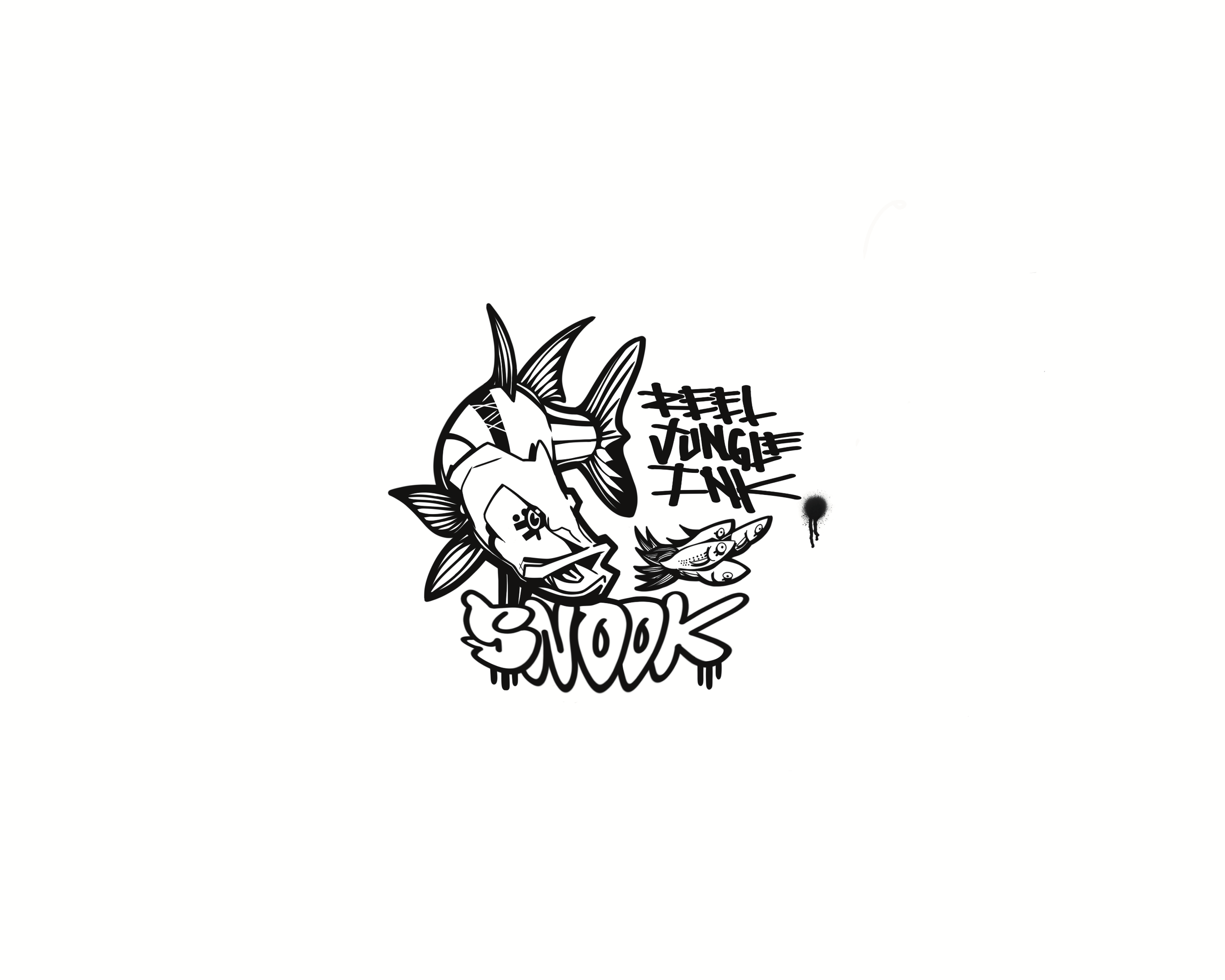Black and white graffiti of a fish with the words "Tell Young Ink" and "Sook" surrounding it.