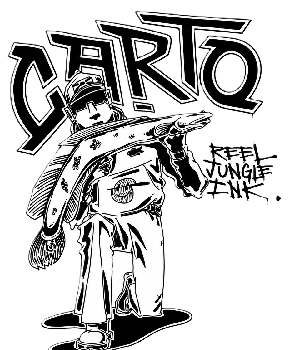 Black and white illustration of a person holding a large fish, with stylized text that reads 'CARTO' and smaller text saying 'Reel JUNGLE INK'.