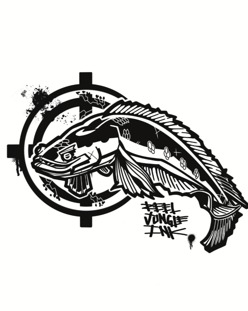 A black and white tattoo-style illustration of a fish with detailed scales and fins, overlaid on a target symbol and graffiti text.
