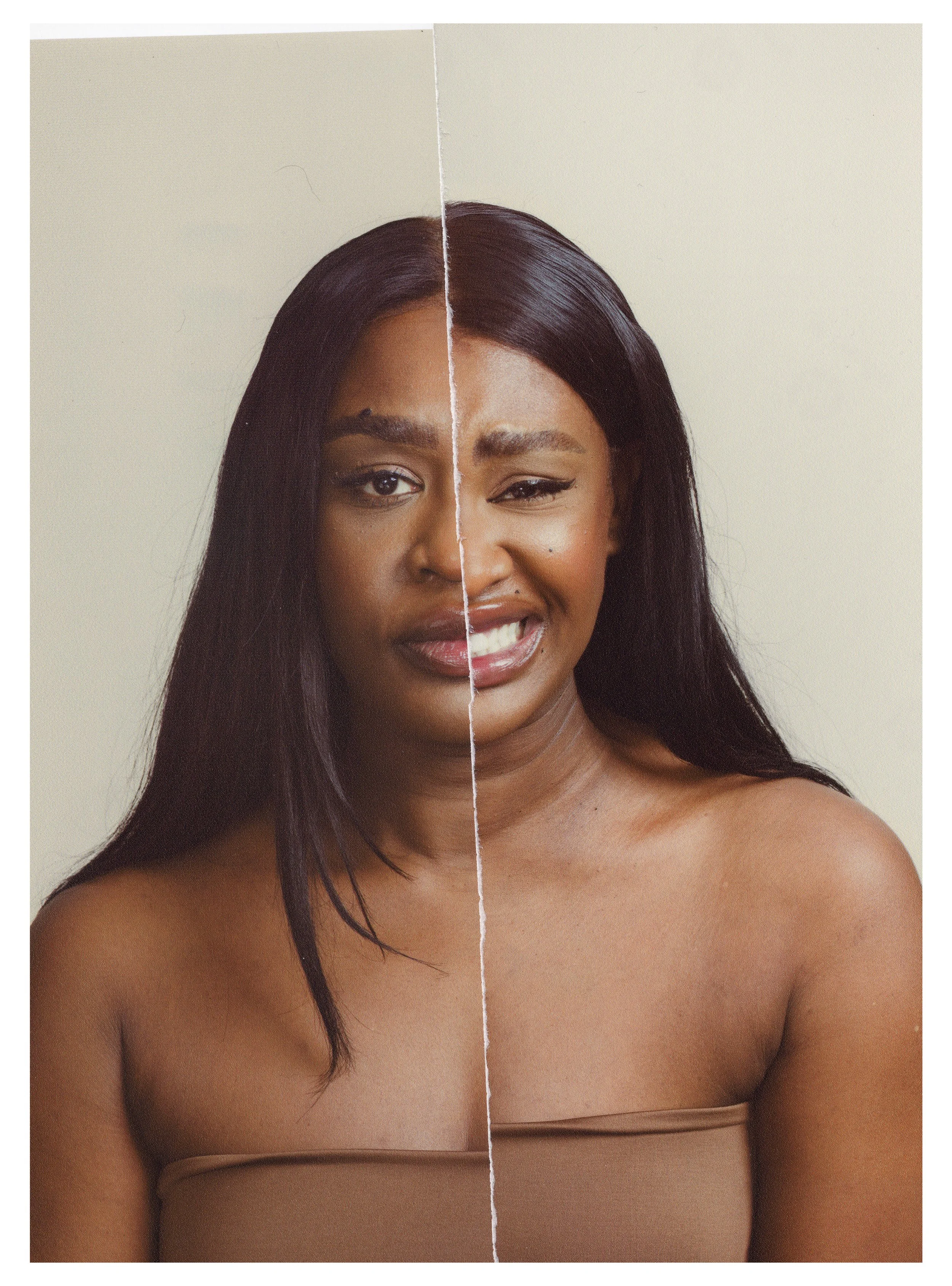 A woman with long dark hair, smiling, divided into two halves by a vertical line. The left side shows her face with makeup, the right side shows her with a natural look. She is wearing a beige strapless top against a plain background.