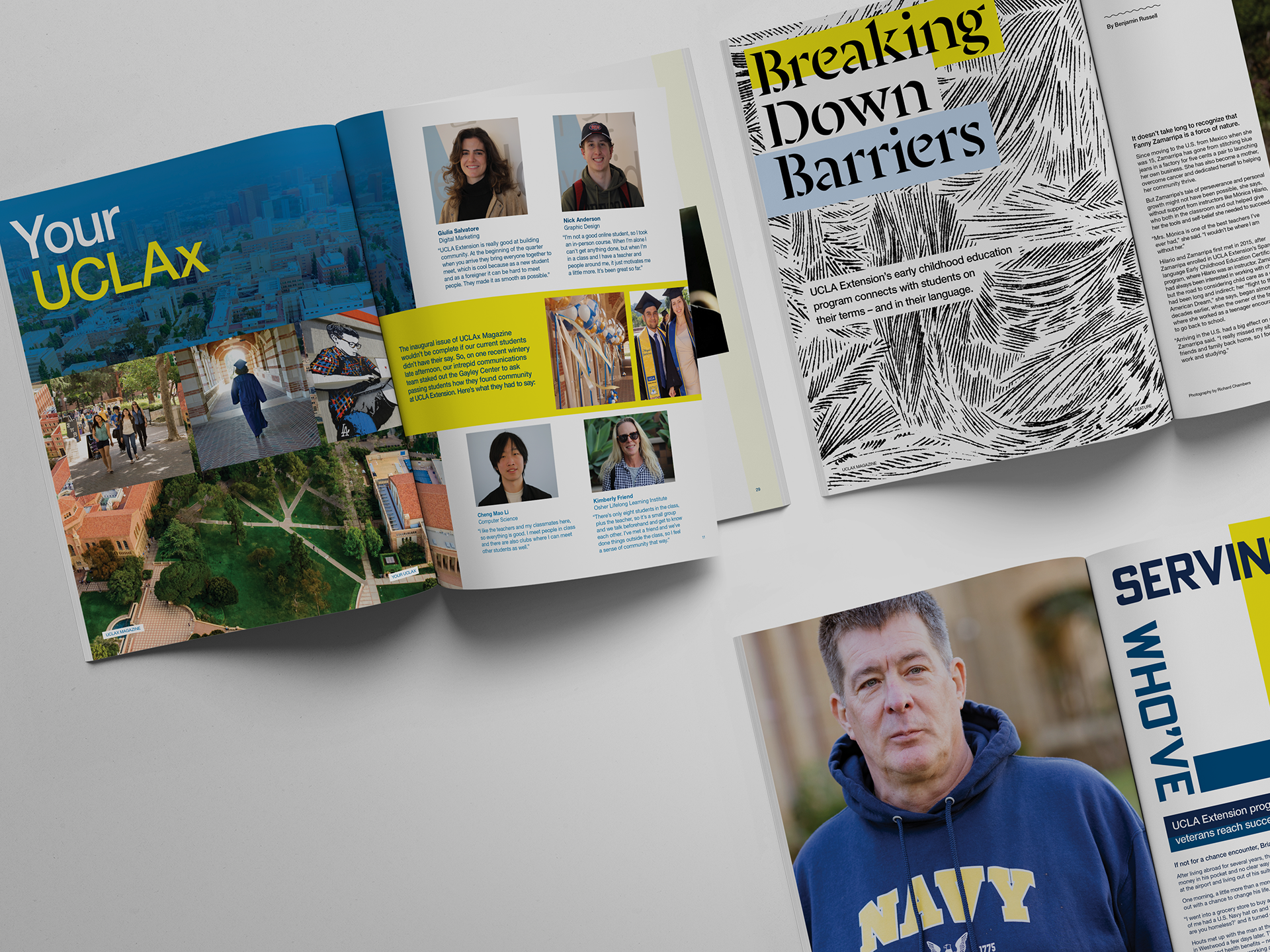  UCLAxMagazine: Issue 01  Redesigned UCLA Extension's flagship magazine to establish a stronger editorial voice and broaden its audience, developing a flexible design system and clarifying the publication's purpose and editorial focus to showcase the