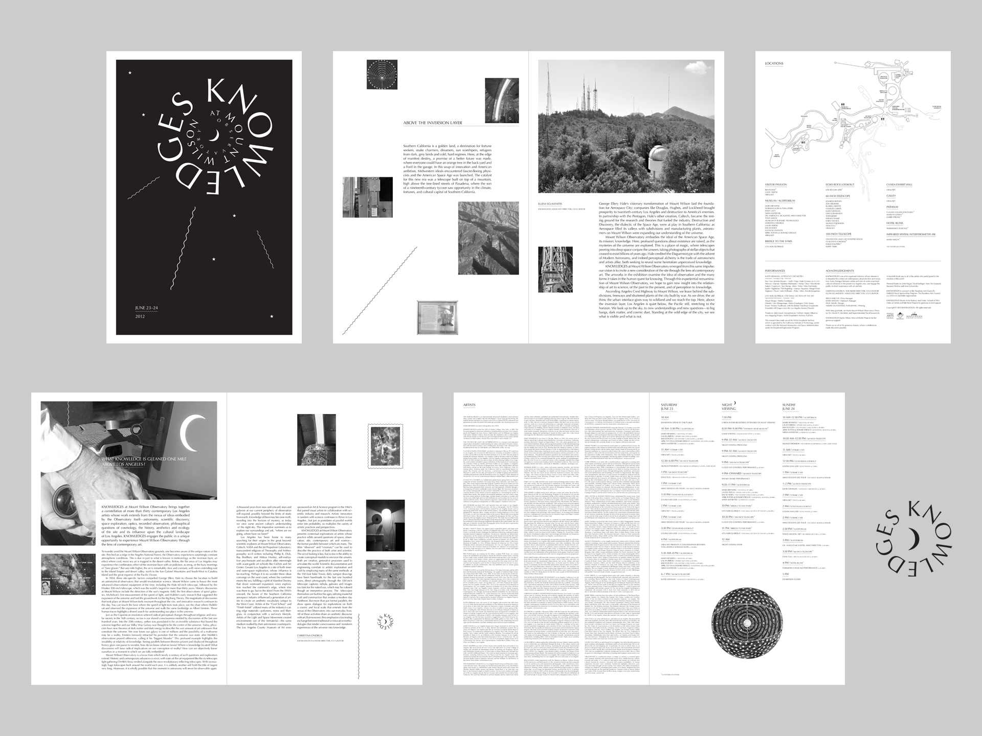 Knowledges at Mt. Wilson Observatory  Developed the identity and printed materials for a weekend-long exhibition that brought together more than thirty artists at the historic Mount Wilson Observatory. The branding and event guide helped orient visi