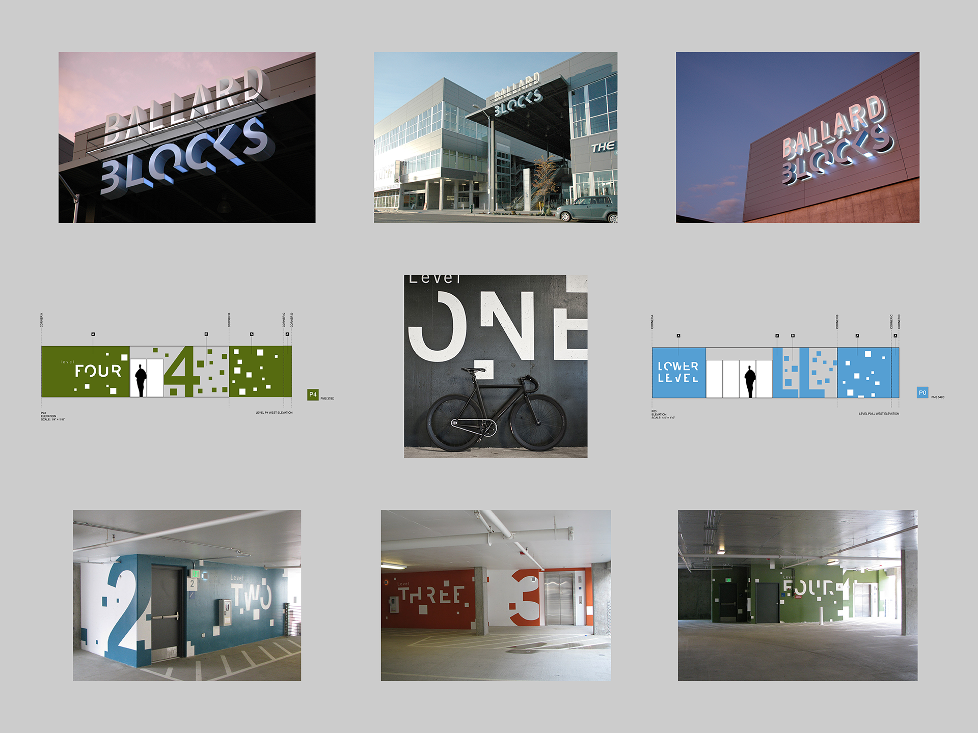  Ballard Blocks  Created a scalable wayfinding and graphics program that increased legibility and orientation across multiple levels of the development. The system introduced a distinctive visual language that strengthened the identity of Ballard Blo