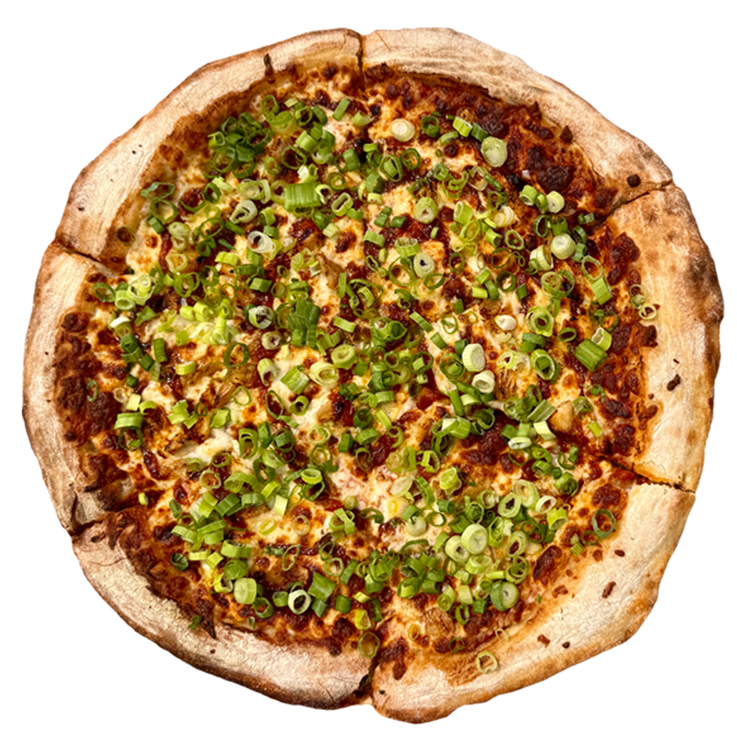 Close-up of a pizza topped with chopped green onions, cooked ground meat, and melted cheese on a round crust.