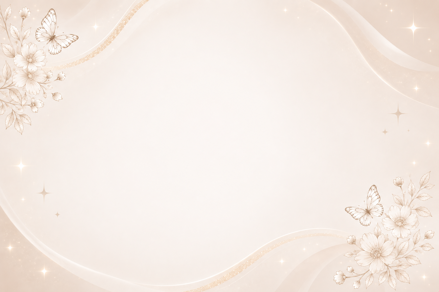 Soft beige background with floral and butterfly illustrations in the corners, sparkling stars and curved lines with glitter accents.