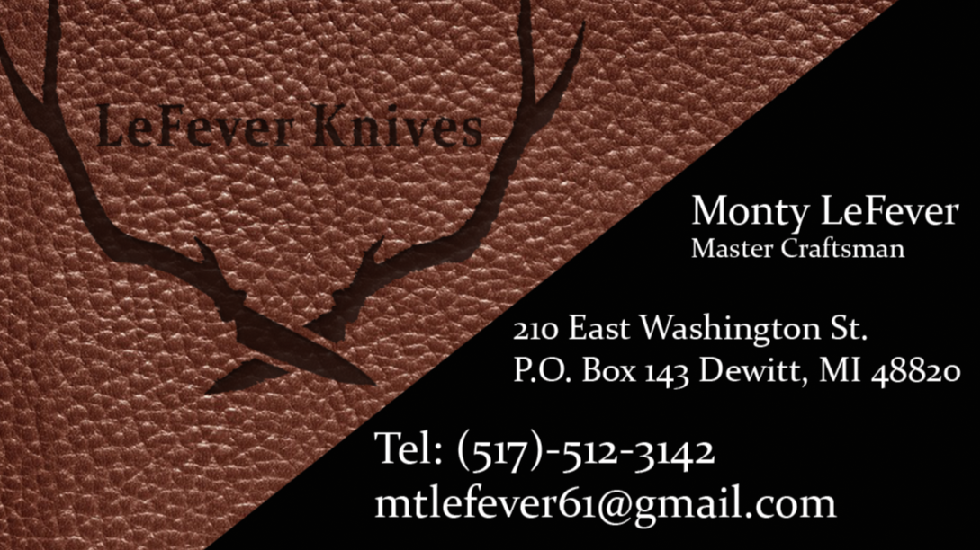 Business card for LeFever Knives featuring a textured leather background with a deer antler logo and contact information for Monty LeFever, Master Craftsman.