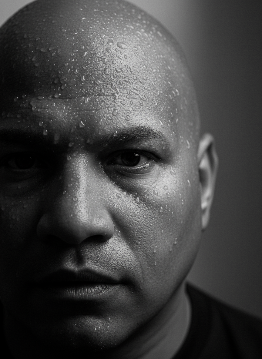 Close-up black and white portrait of a person's face with water droplets on their forehead and face, showing intense expression.