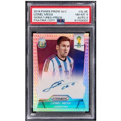 2014 Panini Silver Prizm #S-LME Lionel Messi Signed Card (#12/25) - PSA NM-MT 8