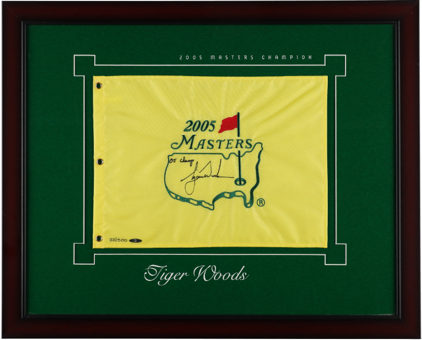 Tiger Woods Signed, Inscribed, Framed 2005 Masters Pin Flag Display - 32 x 26 - UDA, Beckett LOA