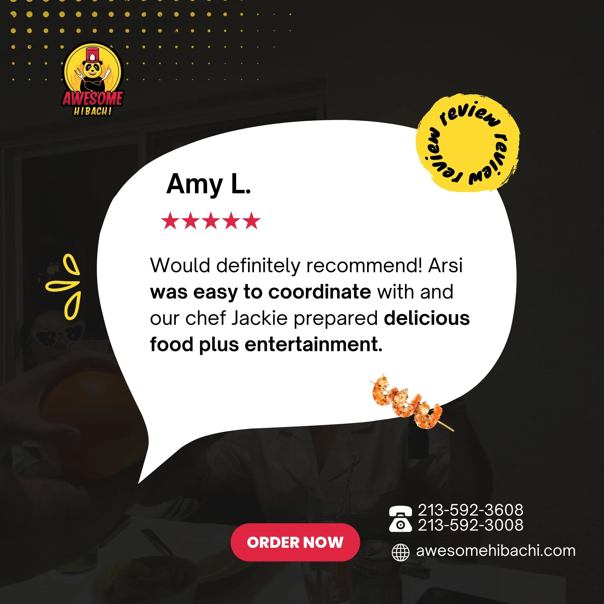 A big thank you 🍽️🔥

We truly appreciate your kind words, Amy l. 

It means a lot to hear that everything from coordination to the chef experience made your awesome hibachi night enjoyable, delicious food, great energy, and a fun show are exactly w