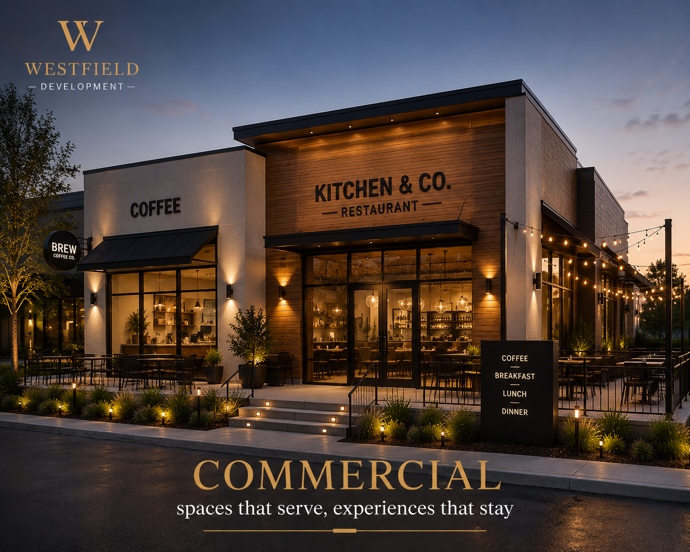 Exterior view of a modern restaurant building called 'Kitchen & Co. Restaurant,' with signs indicating it serves coffee, breakfast, lunch, and dinner. The building has large glass windows, outdoor seating, and ambient lighting, with a sign for 'Brew Coffee Co.' and string lights adorning the patio area. The scene is set at dusk, with a clear sky and landscape lighting.