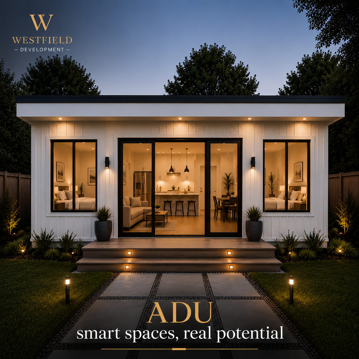 Modern tiny house with large glass sliding doors, illuminated interior, front porch with potted plants, surrounded by landscaping and lighting, with the Westfield Development logo and the text 'ADU: smart spaces, real potential'.