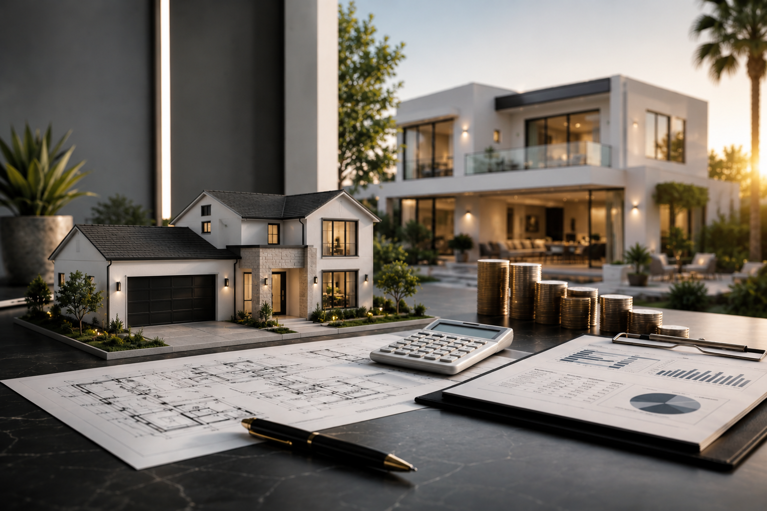 A detailed architectural model of a modern house on a desk, with blueprints, a calculator, stacks of coins, and a pen, set against a backdrop of a contemporary home and sunset.