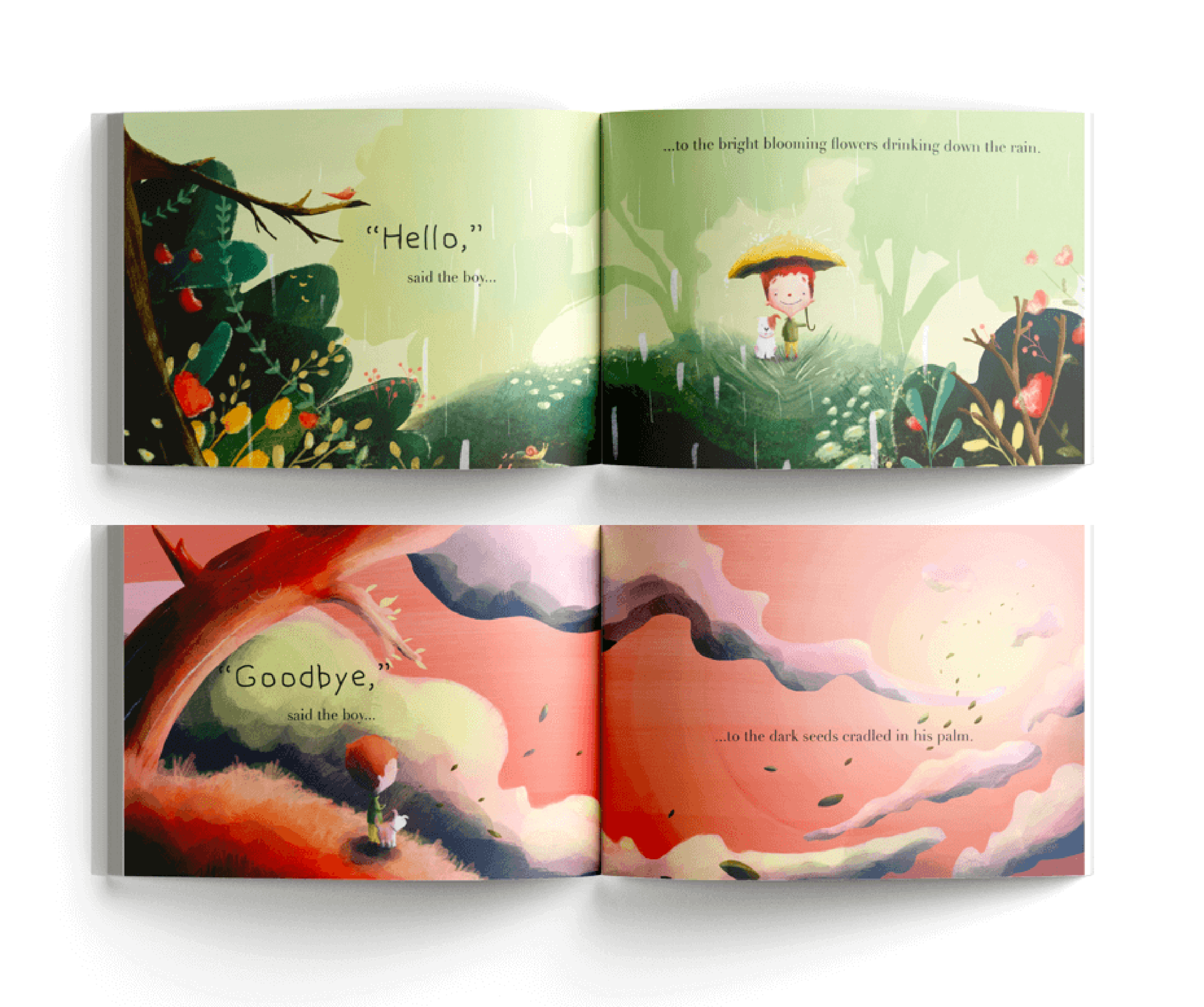Illustrated book spread showing a child walking on a path in a lush, green forest holding a white dog, under a yellow umbrella, with a whimsical, storybook style. Text on the pages includes phrases like 'Hello,' said the boy and 'Goodbye,' said the b