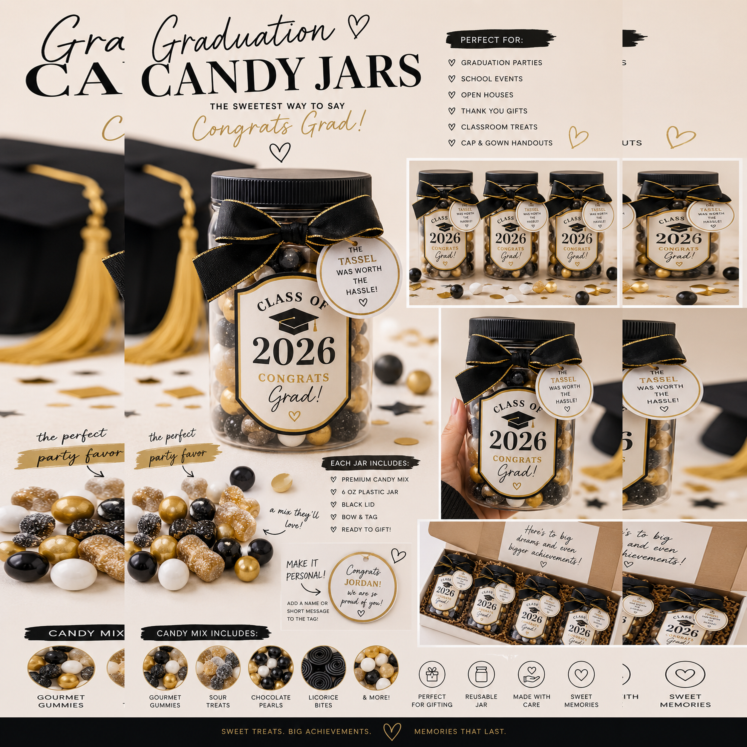 Graduation Candy Jar Party Favors | Personalized Class of 2026 Candy Gifts