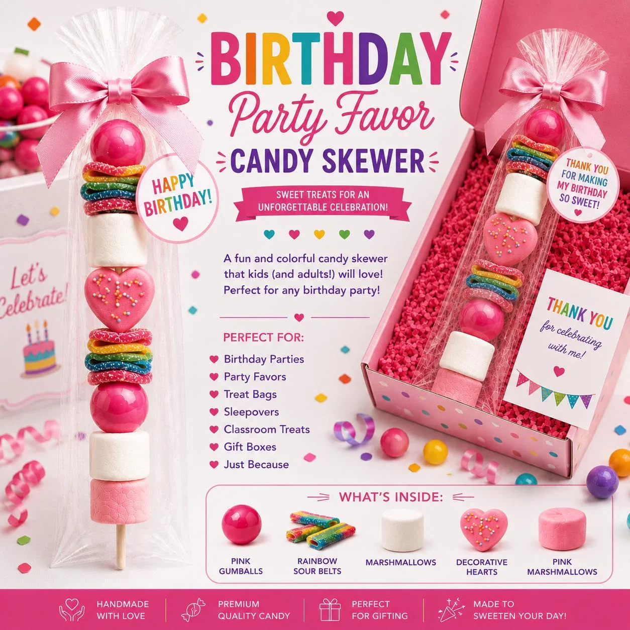 Birthday Party Favor Candy Skewers, Birthday Candy Favors, Candy Party Treats, Rainbow Candy Skewers, Kids Birthday Party Favors, Sweet Treat Favors