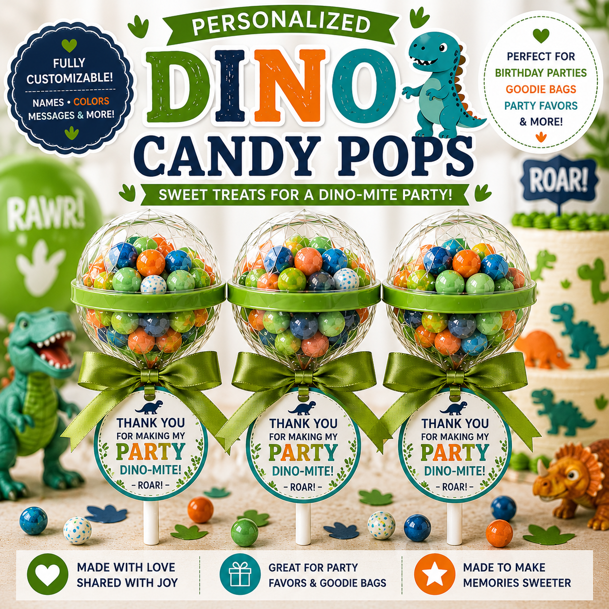 Personalized Dino Candy Pops | Dinosaur Birthday Party Favors