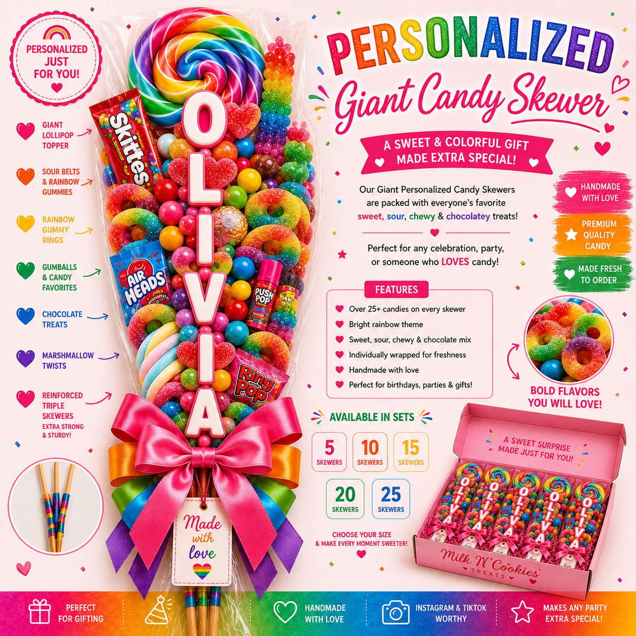 Personalized Giant Rainbow Candy Skewer Bouquet