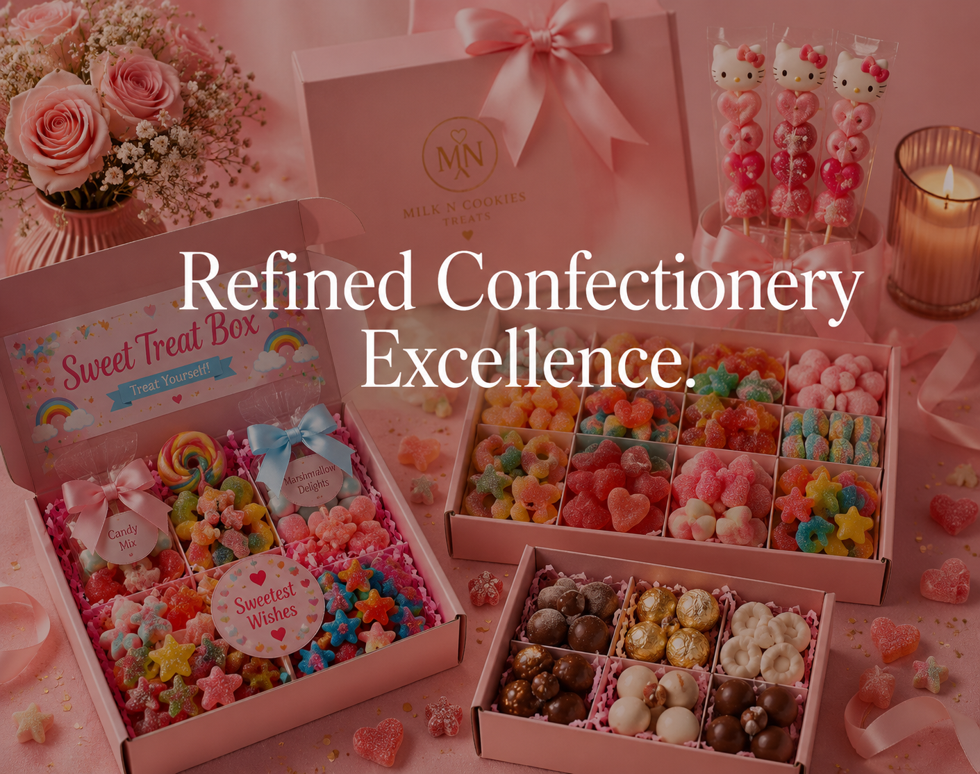 Pink gift boxes filled with colorful candies and chocolates, with a bouquet of pink roses and a lit candle in the background, on a pink tablecloth.